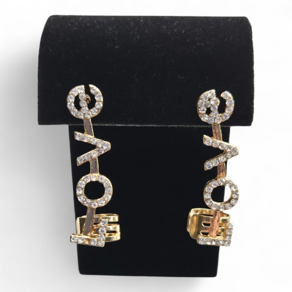 Gold Rhinestone LOVE Ear Cuff Drop Earrings Statement Dangle Fashion Jewelry